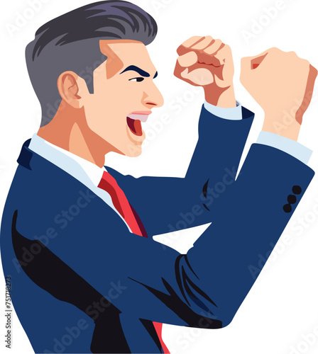 Vector illustration of an ecstatic cartoon businessman with raised fists in triumph