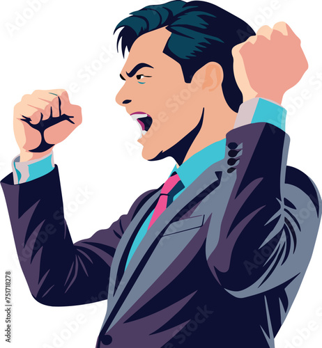 Vector illustration of an ecstatic cartoon businessman with raised fists in triumph