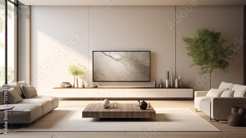 A stylish living room with contemporary furniture, a wall-mounted smart TV, and a smart lighting system