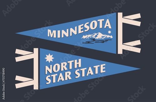 Set of Minnesota pennants. Vintage retro graphic flag, pennant, star, sign, symbols of USA. North Star State.