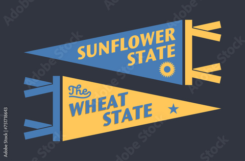 Set of Kansas pennants. Vintage retro graphic flag, pennant, star, sign, symbols of USA. Sunflowers State.