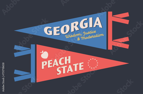 Set of Georgia pennants. Vintage retro graphic flag, pennant, star, sign, symbols of USA. Peach State.