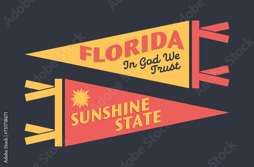 Set of Florida pennants. Vintage retro graphic flag, pennant, star, sign, symbols of USA. Sunshine State.