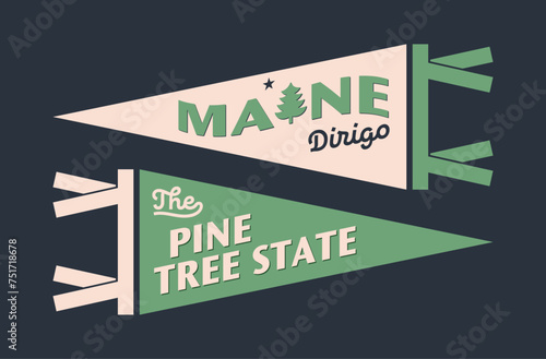 Set of Maine pennants. Vintage retro graphic flag, pennant, star, sign, symbols of USA. The Pine Tree State.
