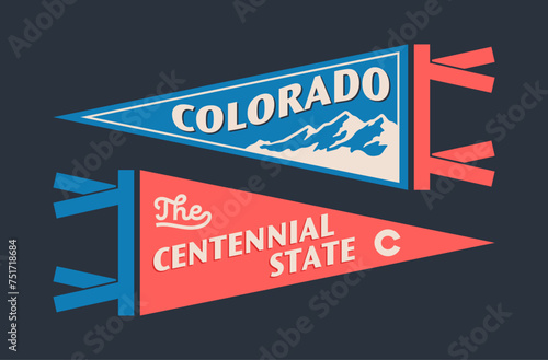 Set of Colorado pennants. Vintage retro graphic flag, pennant, star, sign, symbols of USA. The Centennial State.