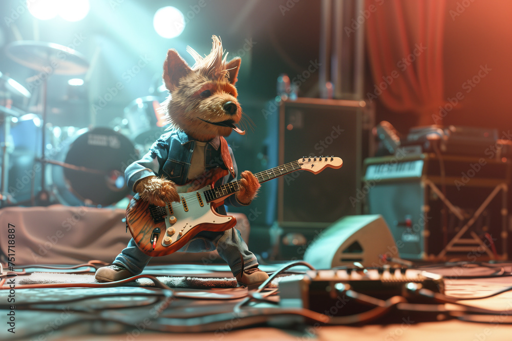 A cute dog is playing guitar at a punk concert gig - obrazy, fototapety, plakaty 