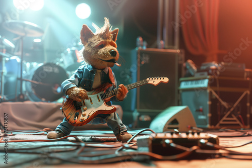 A cute dog is playing guitar at a punk concert gig photo