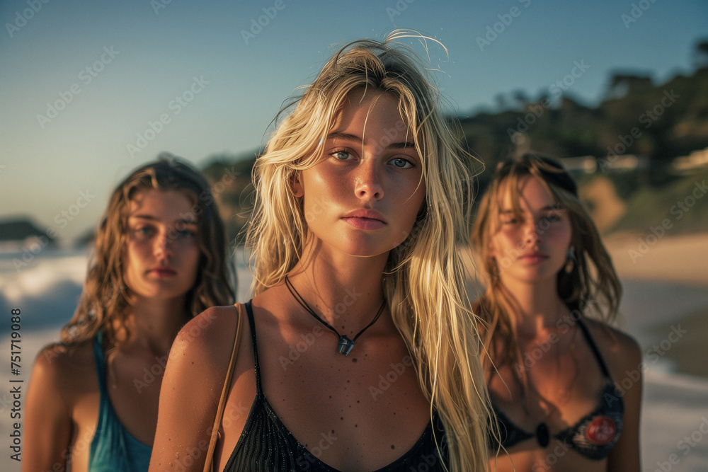 female surfing friends standing at the beach at sunset female surfing friends standing at the beach at sunset