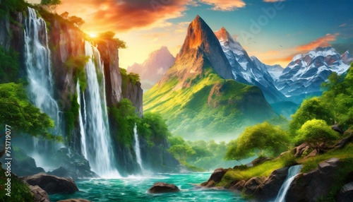 landscape with a beautiful mountain against the background of waterfalls © RAYNAN