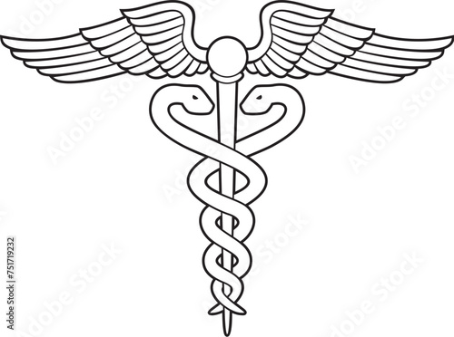 Medical Symbol - Caduceus Snake with Stick and Wings. Rod of Asclepius. Emblem for Drugstore. Pharmacy Icon. Vector Illustration.
