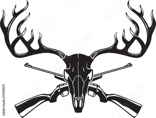Deer Skull with Crossed Rifles Black and White. Vector Illustration.
