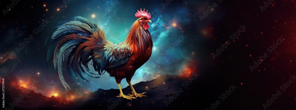 Rooster on cosmic background with space, stars, nebulae, vibrant colors, flames; digital art in fantasy style, featuring astronomy elements, celestial themes, interstellar ambiance