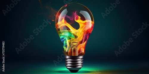 Eureka moment of creative inspiration concept with liquid paint merging into a colorful lightbulb on dark green background