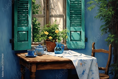 a painting of a table with teapots and cups on it