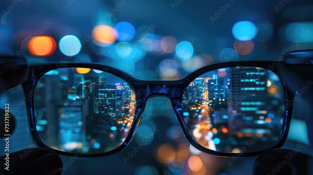 A mesmerizing night cityscape captured in the reflection of glasses. Experience the urban brilliance through a unique eyewear perspective A mesmerizing night cityscape captured in the reflection of glasses. Experience the urban brilliance through a unique eyewear perspective