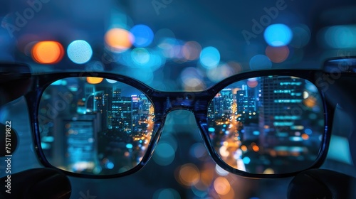 A mesmerizing night cityscape captured in the reflection of glasses. Experience the urban brilliance through a unique eyewear perspective © pvl0707
