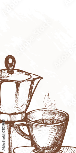 Handdrawn espresso maker coffee cup. Sketch style coffee preparation. Morning...
