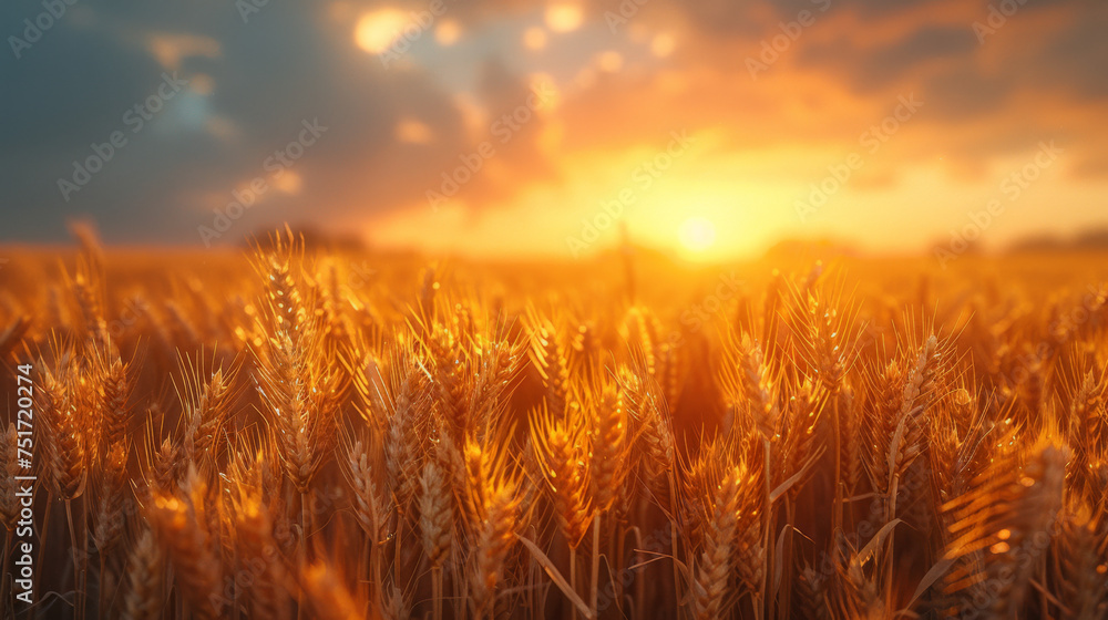 Rural landscape of sunrise over the fields of grain on the first day of summer.
