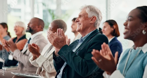 Clapping hands, tradeshow and business people in office for team meeting or company training. Seminar, diversity and professional staff audience with applause at corporate convention in workplace. photo