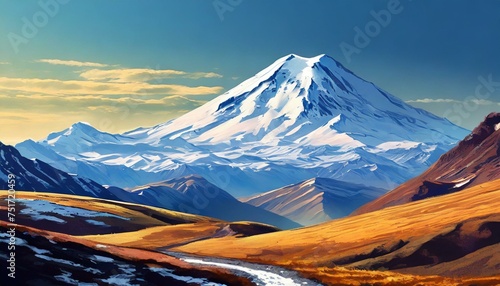 landscape with the image of the snow-capped peaks of elbrus in clear weather