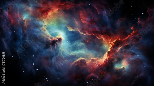 A wide panorama of a nebula  with contrasting warm and cool colors symbolizing the duality of existence in space