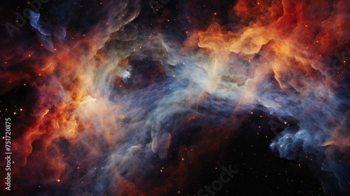 A nebula that resembles a celestial battleground with dynamic interactions of red and blue cosmic clouds photo