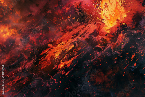 Develop a mottled background that captures the dynamic and explosive energy of a volcanic eruption, with reds, oranges, and blacks blending to depict the power and chaos of nature