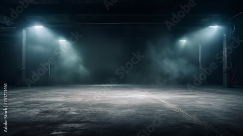 Empty Dark Room or Street Background - Concrete Floor, Asphalt, Neon Light, Smoke, Spotlight