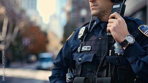 Dedicated police officer holding a walkie-talkie, ensuring swift communication for law enforcement. Your safety is our priority. photo