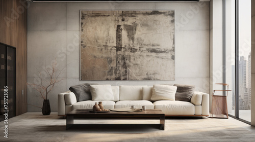 A stylish living room with a textured wall finish, a large sofa, and an abstract art piece