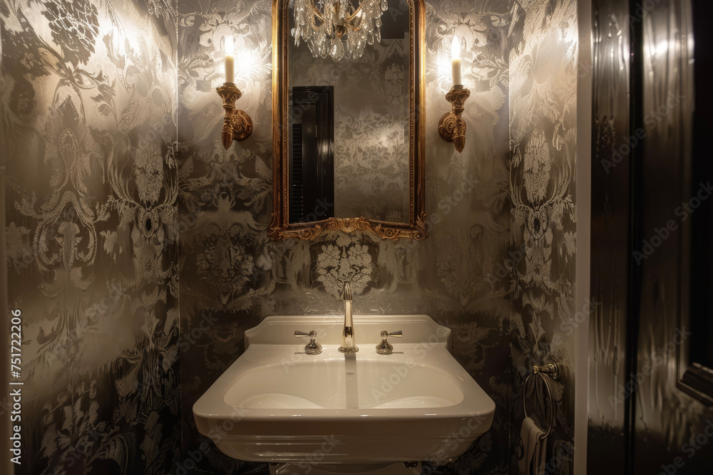 A powder room with a glam style and a wallpaper A powder room with a glam style and a wallpaper