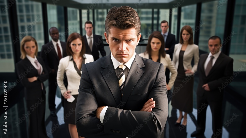 CEO in stern mood surrounded by male colleagues in office meeting CEO in stern mood surrounded by male colleagues in office meeting