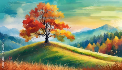 landscape with colorful autumn tree and grass on the hill