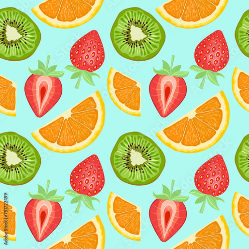 Fototapeta Naklejka Na Ścianę i Meble -  Seamless fruit pattern. Background with fresh slices of green kiwi, red strawberry and orange. Colorful vector illustration on a blue background.