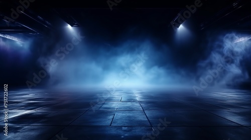 Empty Dark Street Scene with Neon Lights, Spotlights - Dark Blue Background