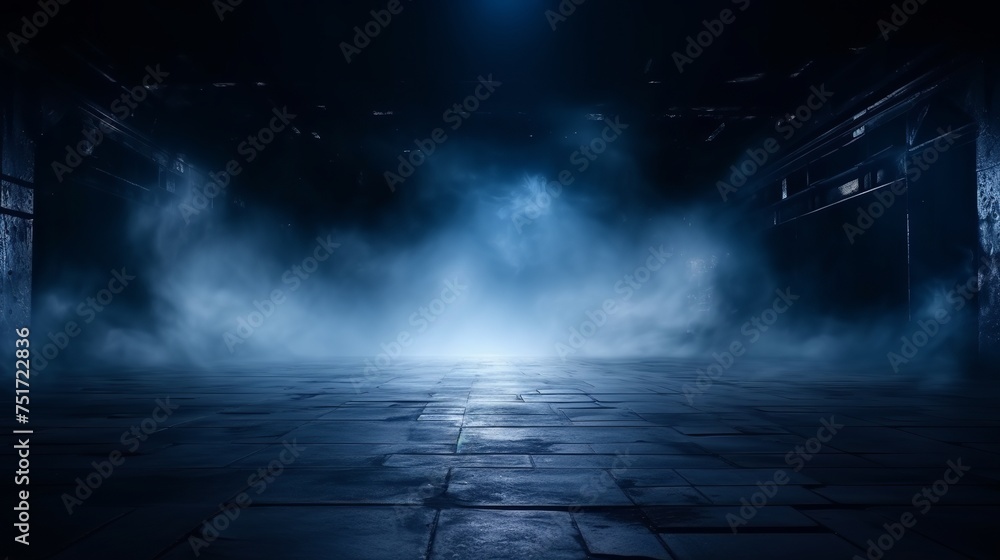 Empty Dark Street Scene with Neon Lights, Spotlights - Dark Blue Background