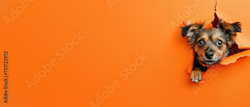 A small, scruffy dog bursts through orange paper, his eyes wide with excitement and amusement