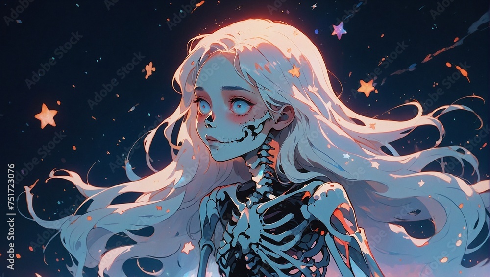 illustration of skeleton anime girl with white hair and starry background - obrazy, fototapety, plakaty 