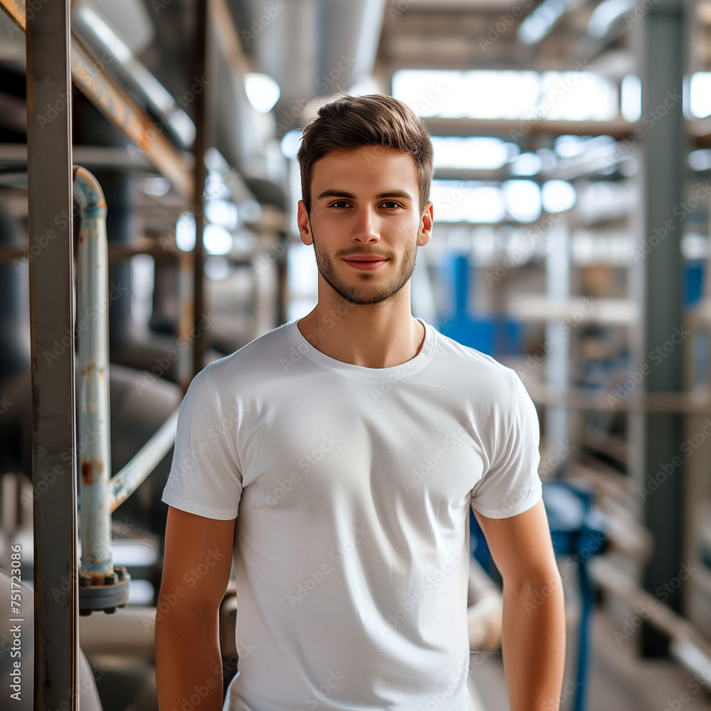 Young handsome engineer with factory in the background. Engineer concept art. Young handsome engineer with factory in the background. Engineer concept art.