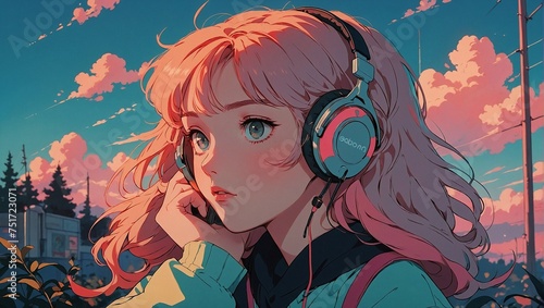 Beautiful anime girl listening to music with headphones