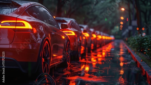 A line of red cars with glowing tail and brake lights are parked on a wet street at night, showcasing their sleek automotive design © RichWolf
