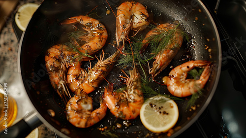 Cooking shrimp with dill and lemon in a cast iron frying pan, top view
