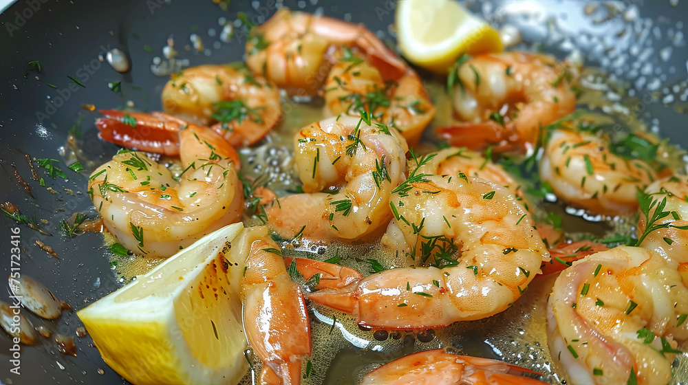 Cooking shrimp with dill and lemon in a cast iron frying pan Cooking shrimp with dill and lemon in a cast iron frying pan