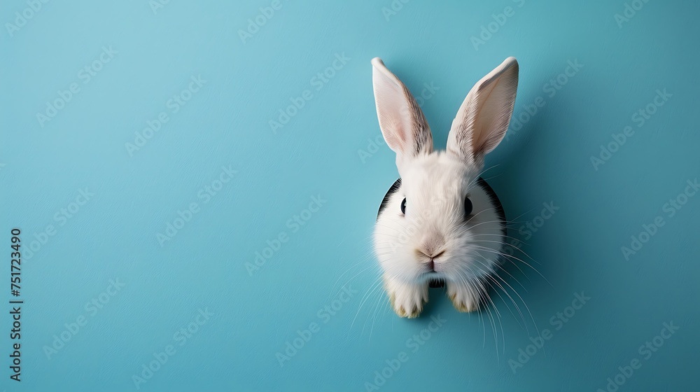 bunny peaking from a hole in a blue background bunny peaking from a hole in a blue background