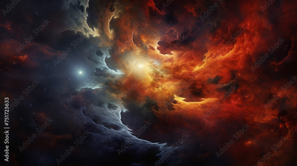 A captivating digital image showing the intense warmth of a nebula contrasted with the coolness of surrounding stars A captivating digital image showing the intense warmth of a nebula contrasted with the coolness of surrounding stars