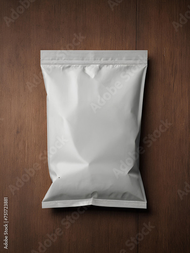 Image for white packaging bag mockup, on a wooden table, top view with header seal © Z-Design