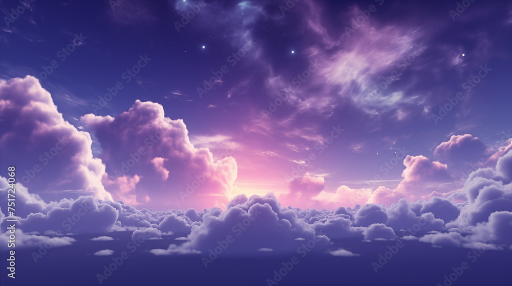 Breathtaking twilight sky with shades of pink, purple, and blue fluffy clouds, illuminated from below by the fading light. Unreal mystery abstract galaxy background