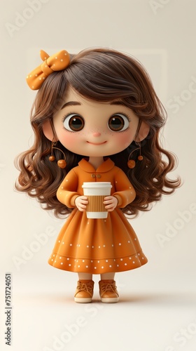 3d character girl in a dress holding coffee on a white background. Generative AI