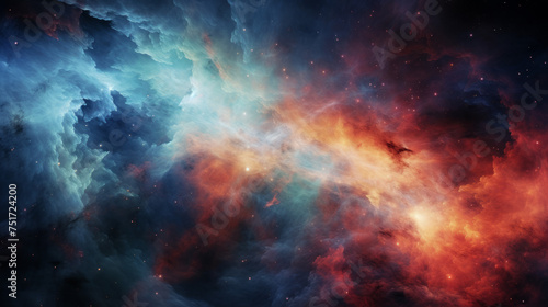 This image captures the essence of cosmic beauty with its vibrant colors and ethereal cloud formations, representing the mystery of space