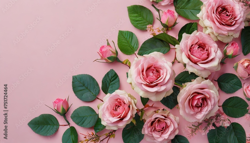 flowers composition frame made of pink roses and leaves on pastel pink background flat lay top view copy space